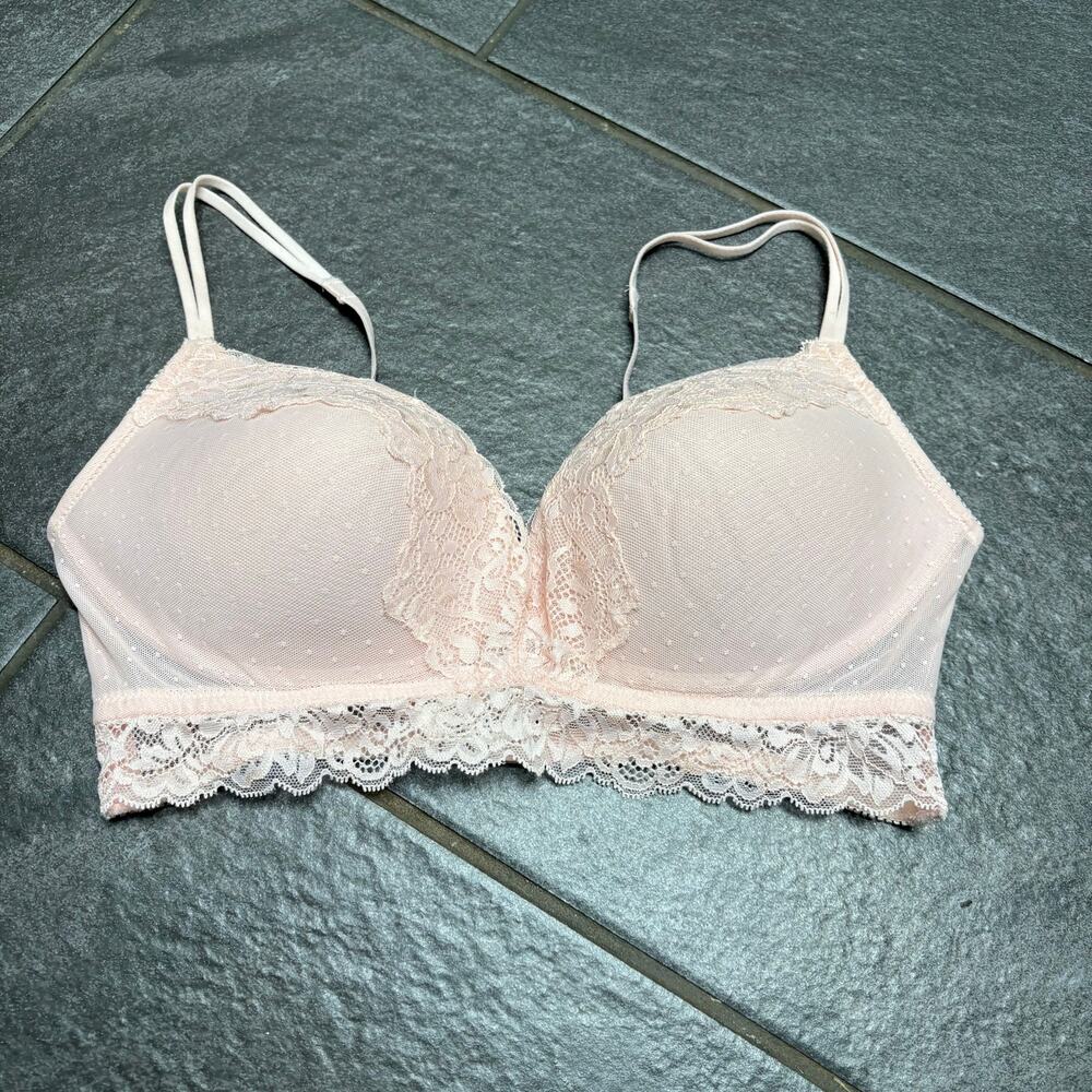Maidenform Light Pink Lace Swiss Dot Mesh Sheer V Neck Scallop Hem Bra 36C